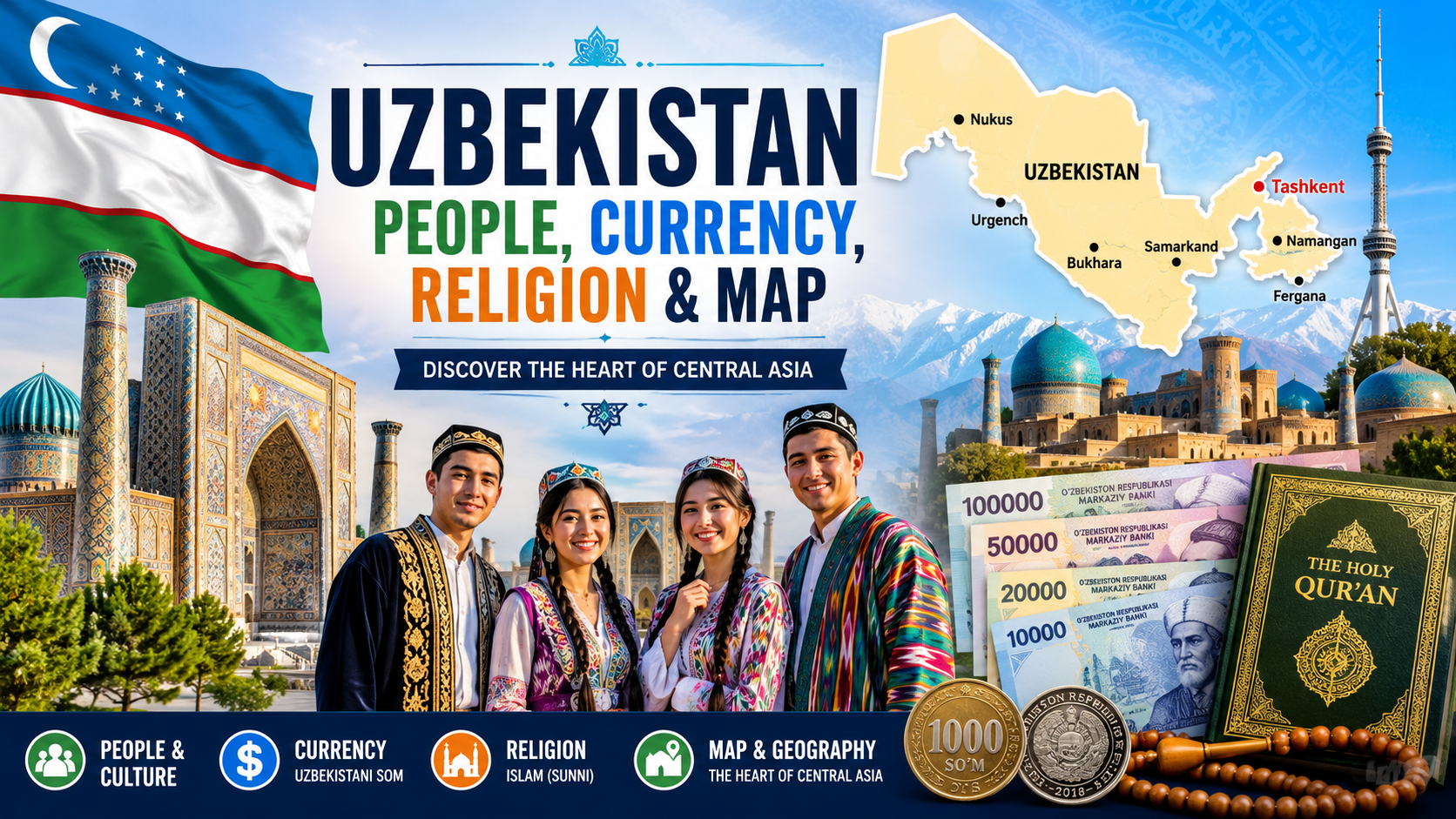 Uzbekistan People, Currency, Religion, and Map